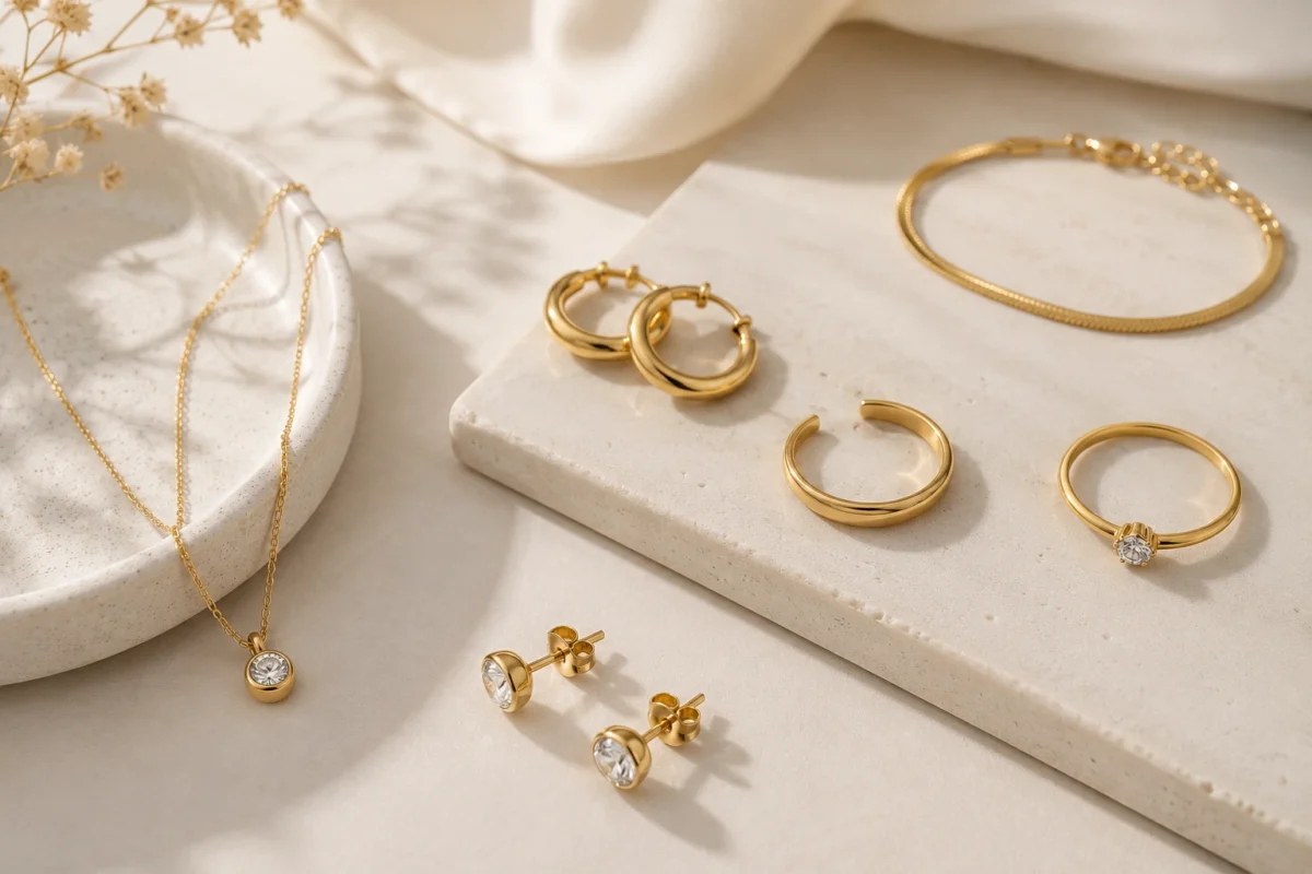 anti tarnish jewelry 18k gold plated waterproof sweatproof minimal luxury everyday jewelry by Her Treasure Shivani Khanna